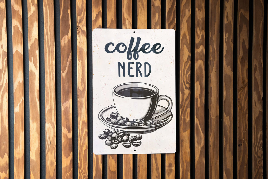 a sign on a wooden wall that says coffee nerd