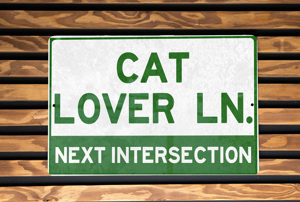 a green and white sign that says cat lover ln next intersection