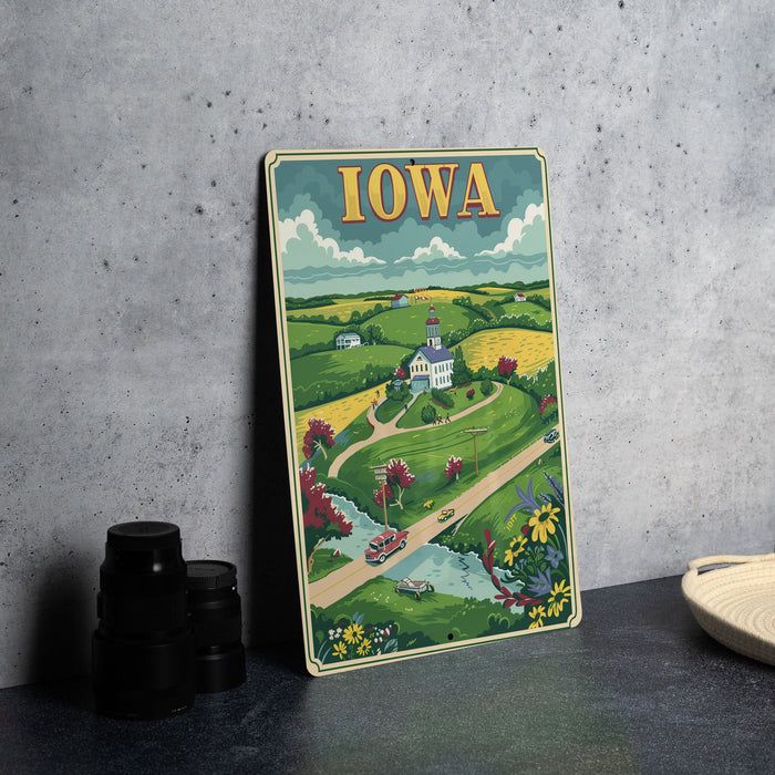 a picture of a town on a poster on a table