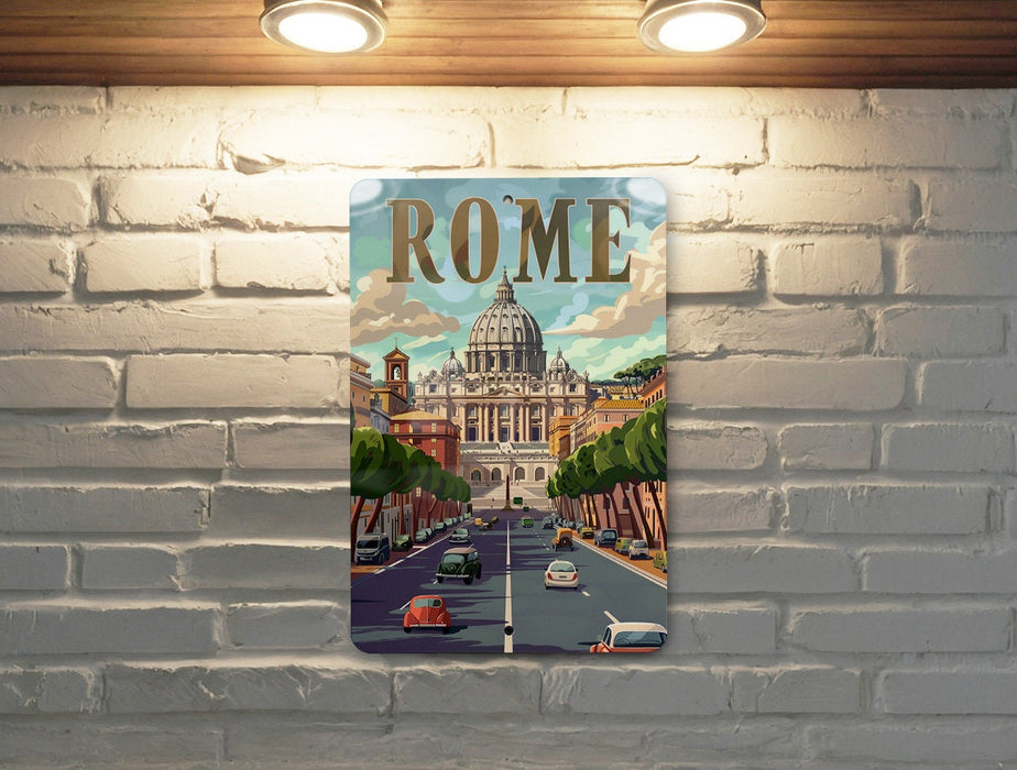 a white brick wall with a picture of a building on it