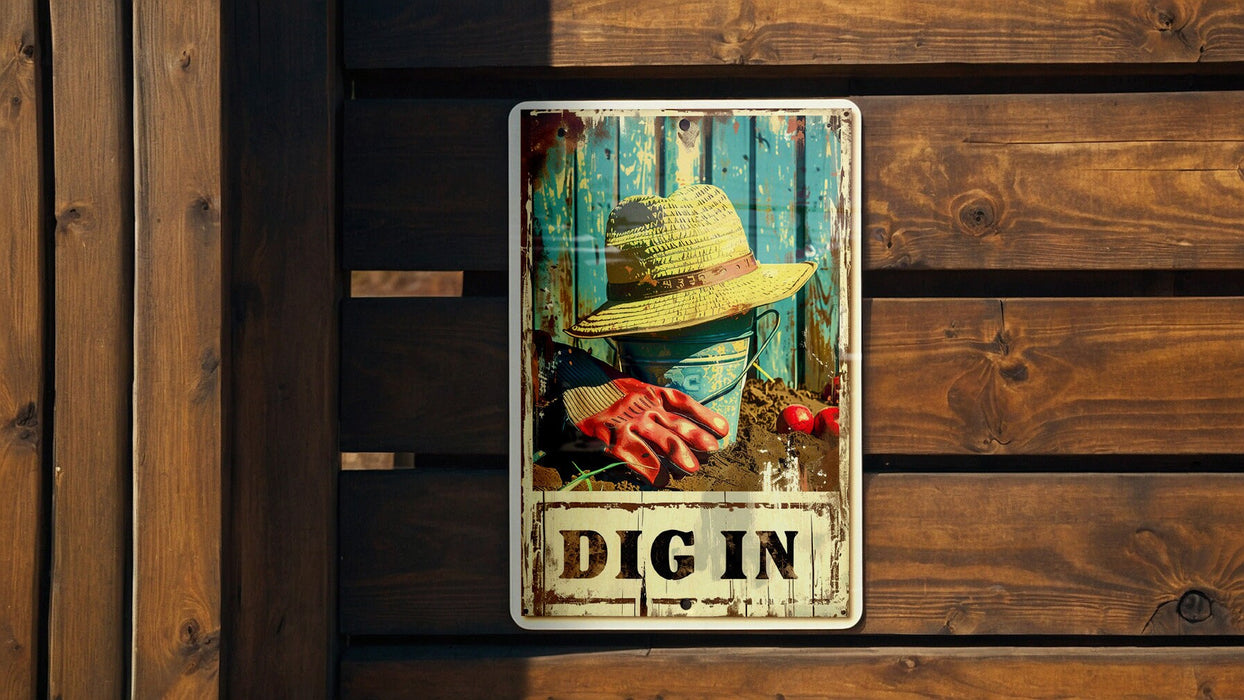 a sign on a wooden wall that says dig in