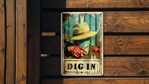 a sign on a wooden wall that says dig in