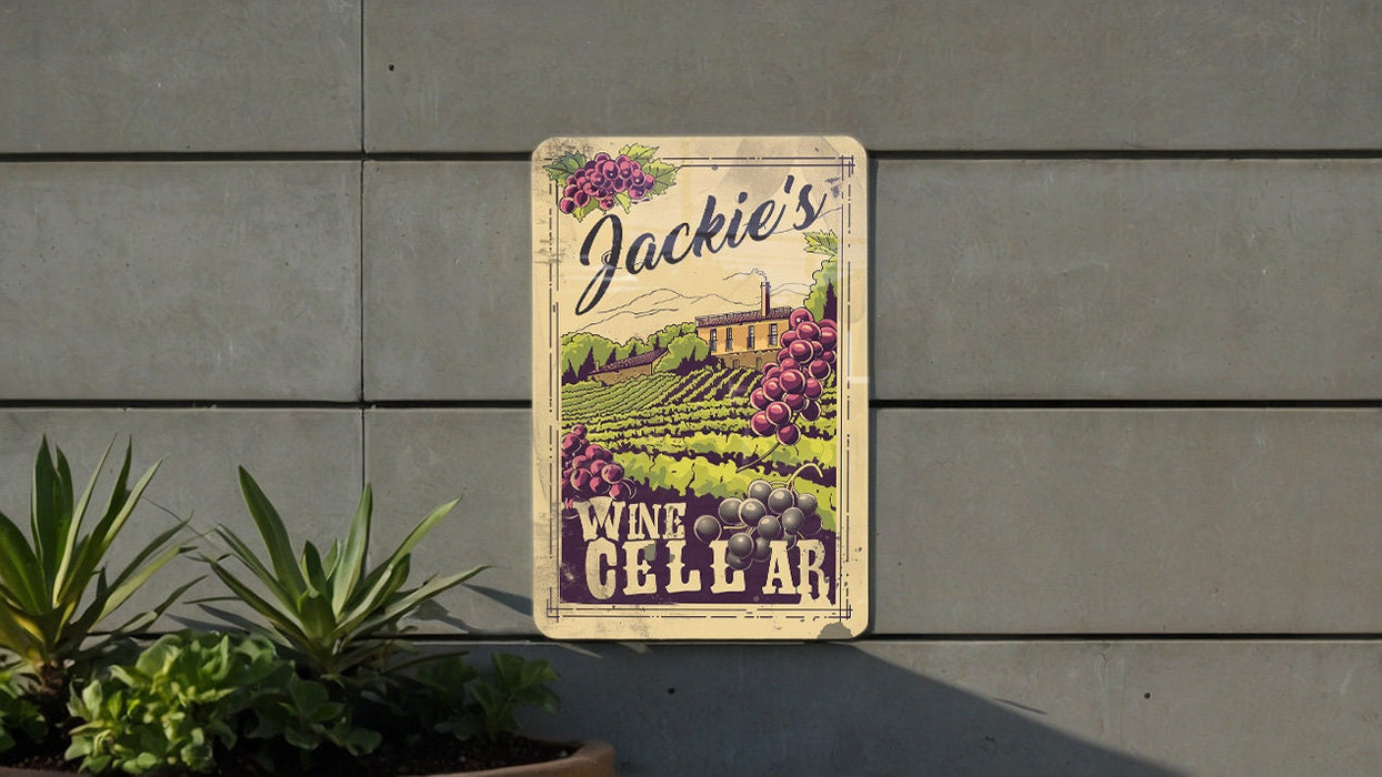 a sign on the side of a building advertising wine cellar