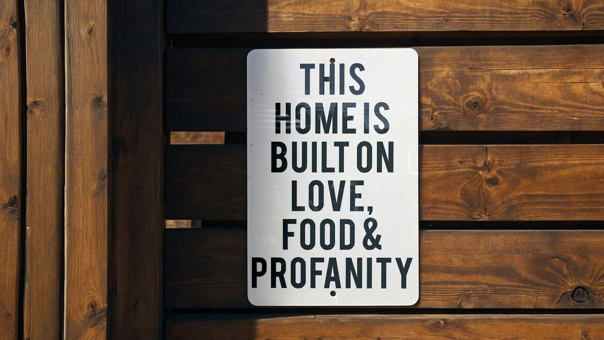 a sign on a wooden fence that says this home is built on love, food