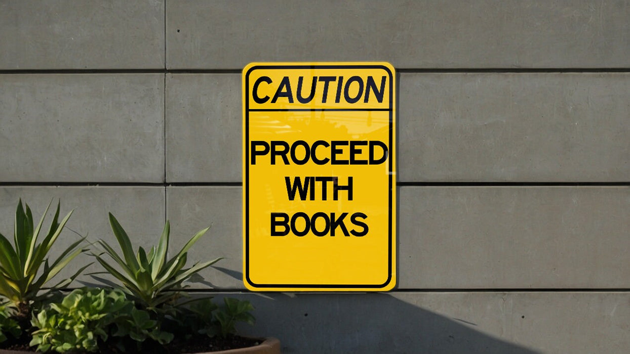 a caution sign posted on the side of a building