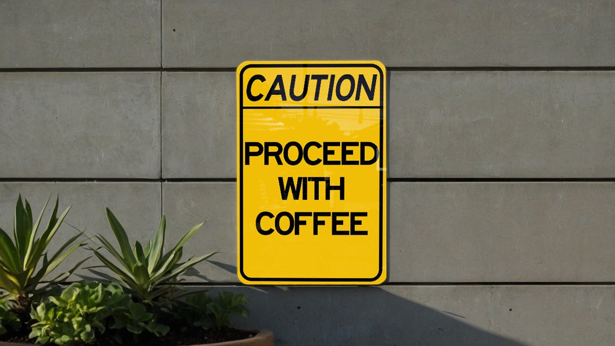 a caution sign posted on the side of a building