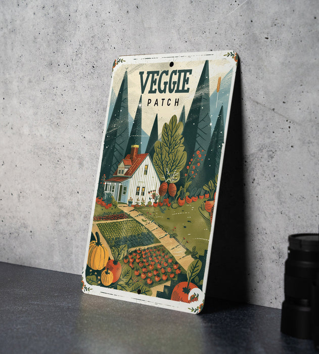 a vintage vegetable patch sign on a table