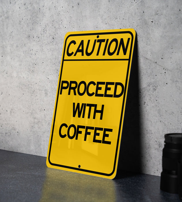 a yellow caution sign sitting on top of a table