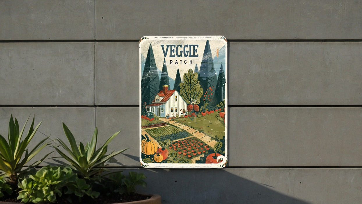 a sign on the side of a building that says veggie patch