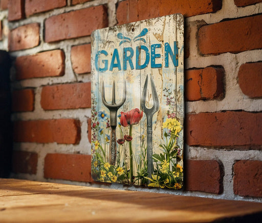a picture of a garden sign on a brick wall