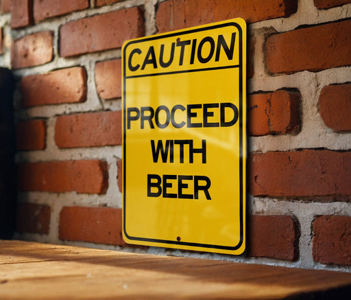 a yellow caution sign on a brick wall