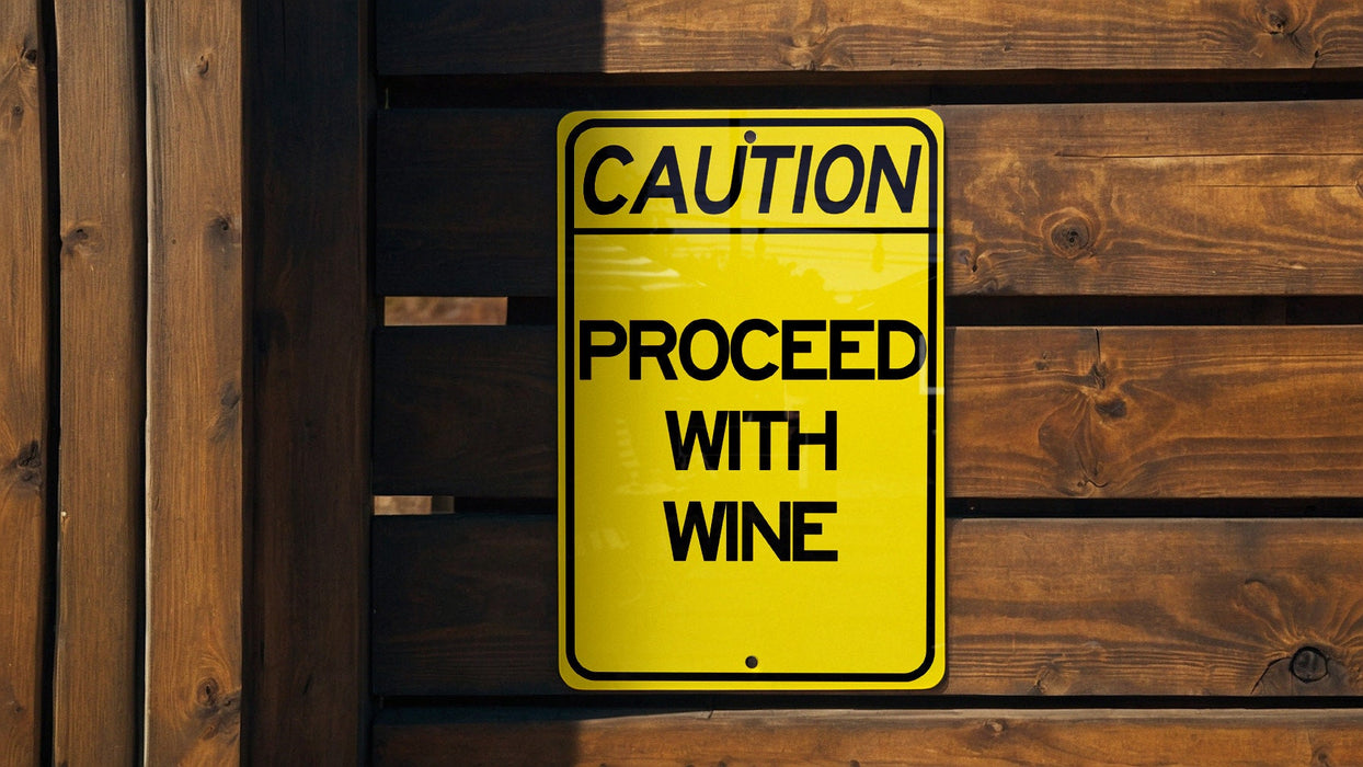 a caution sign posted on a wooden fence