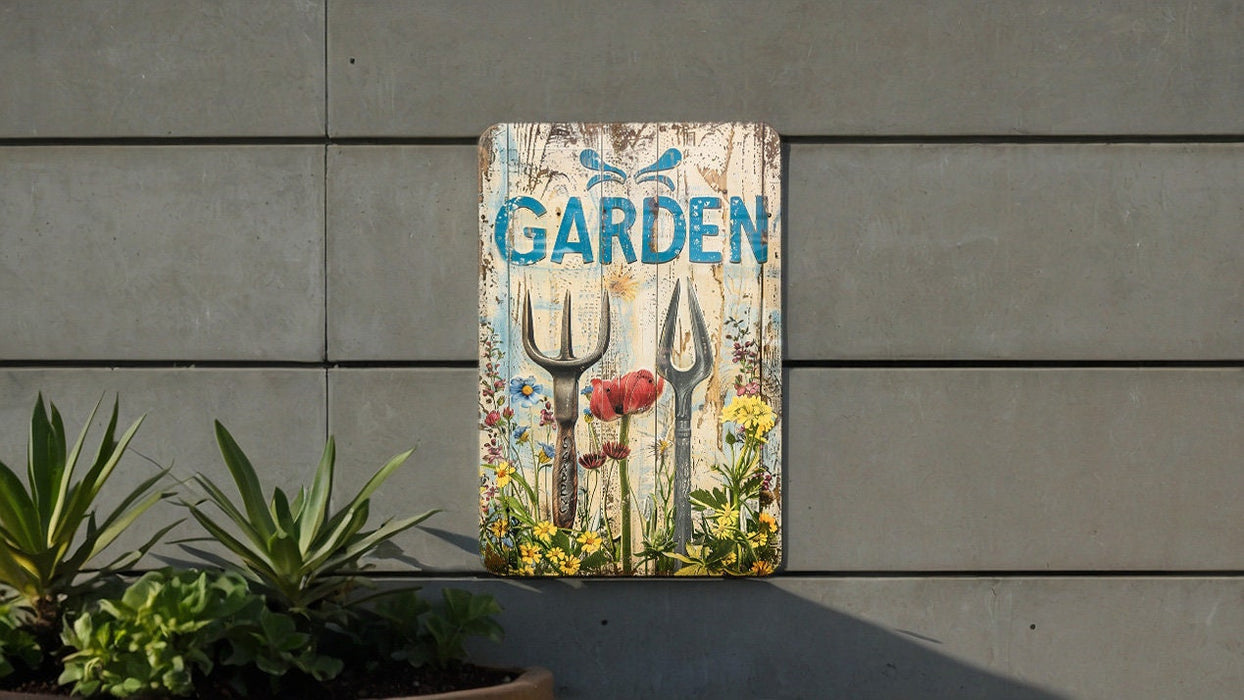 a garden sign on the side of a building