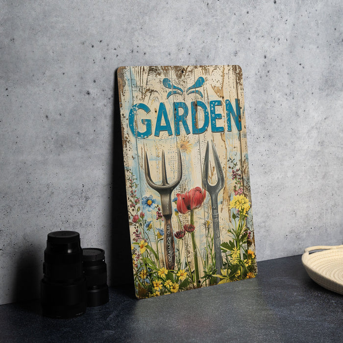 a garden sign sitting on top of a table