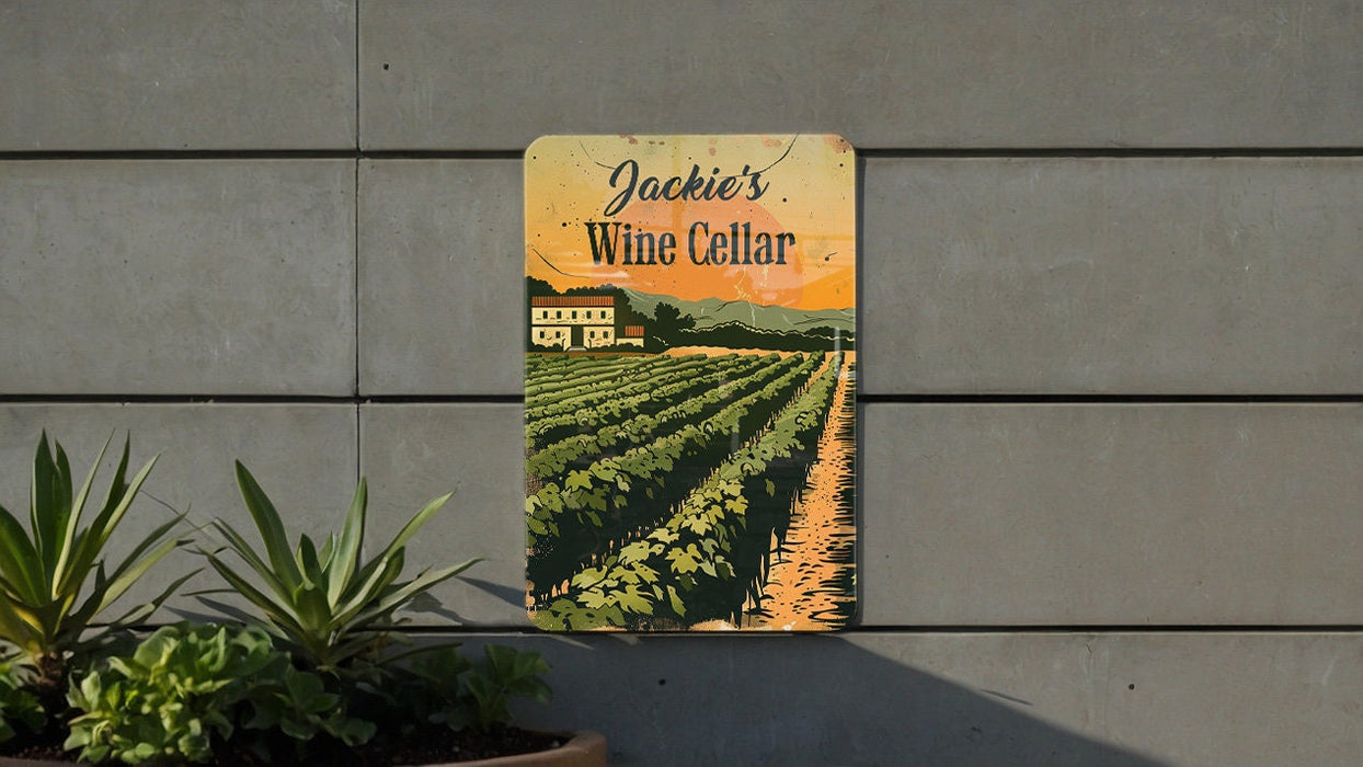 a picture of a wine cellar sign on the side of a building