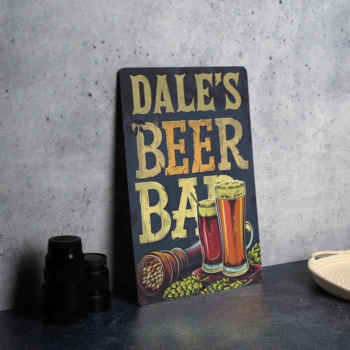 a sign that says dale's beer bar next to a plate of beer
