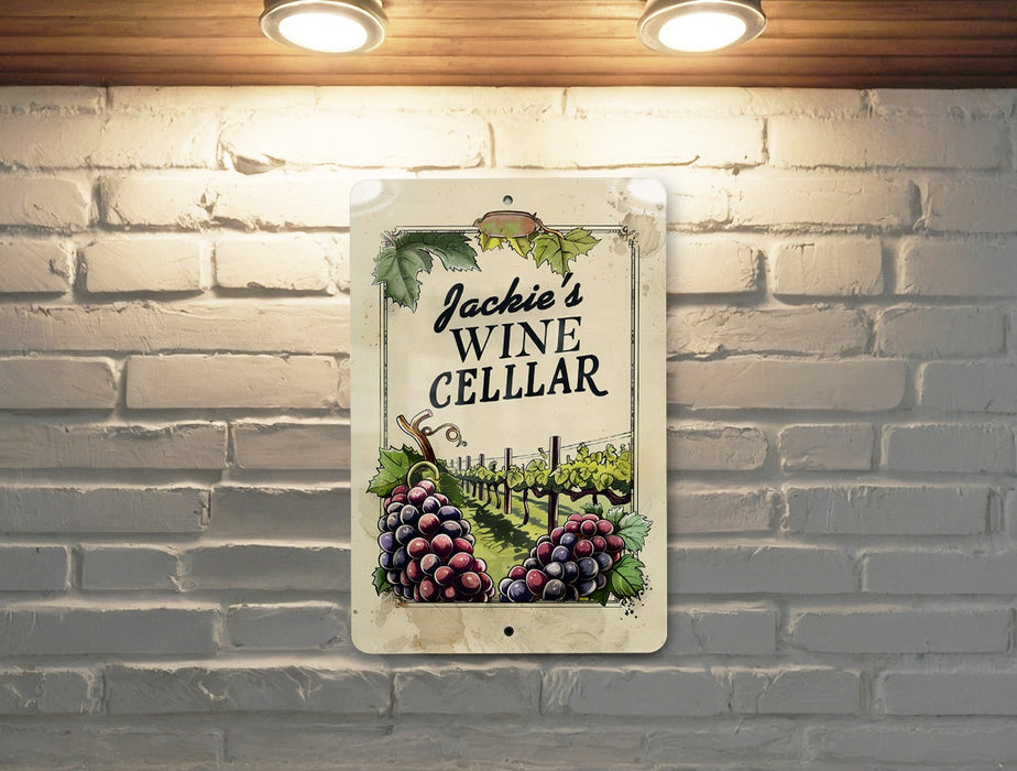 a wine cellar sign hanging on a brick wall