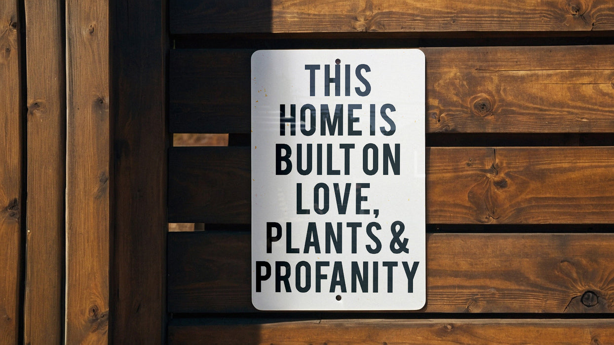 a sign that says this home is built on love, plants and propanety