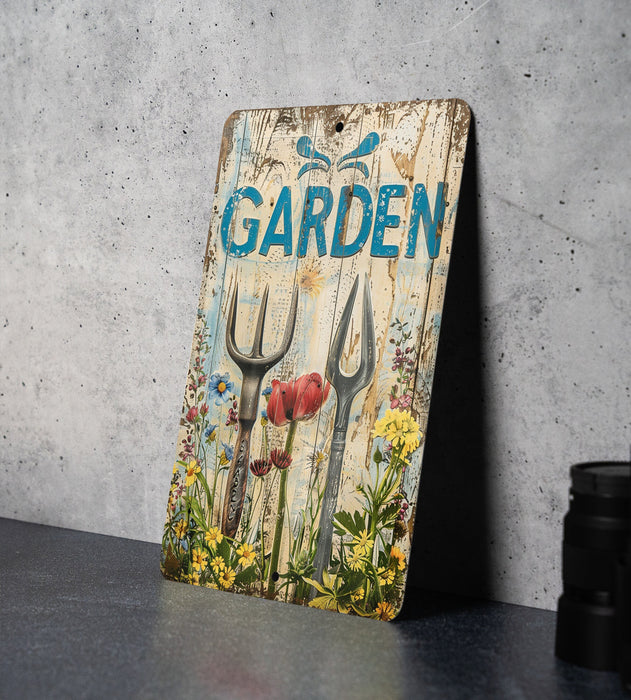 a garden sign sitting on top of a table