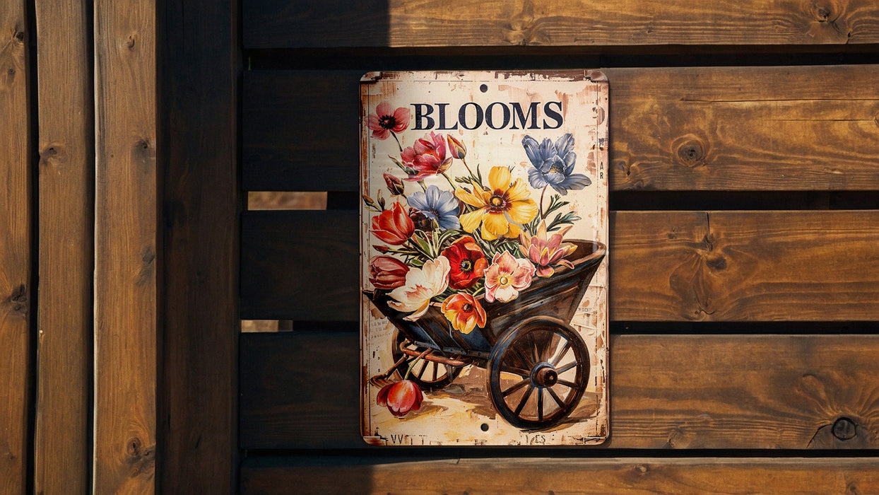 a sign on a wooden wall that says blooms