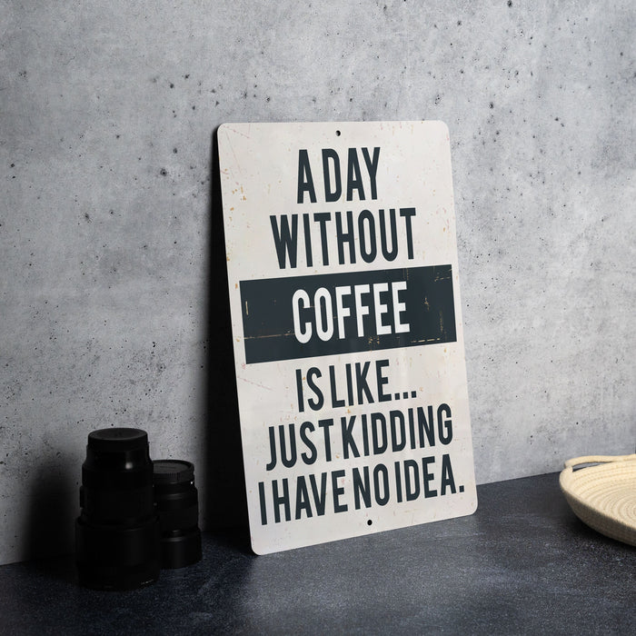 a sign that says a day without coffee is like just kidding have no idea