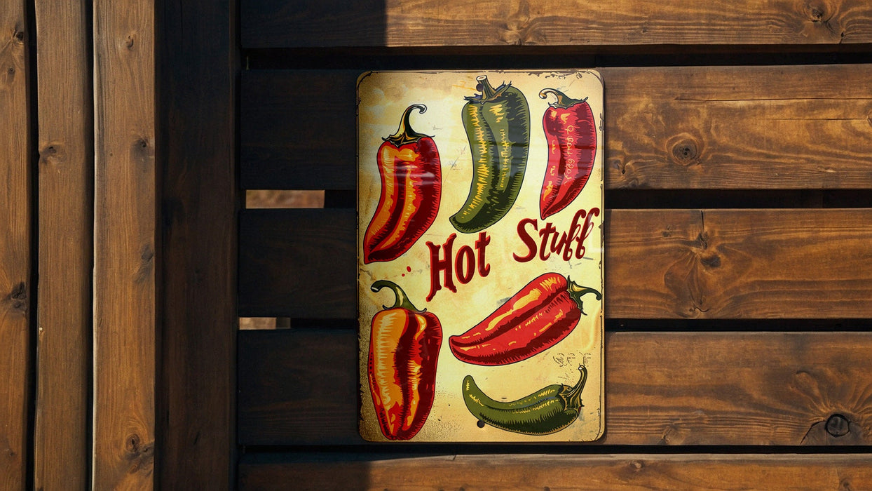 a sign that says hot stuff with peppers on it
