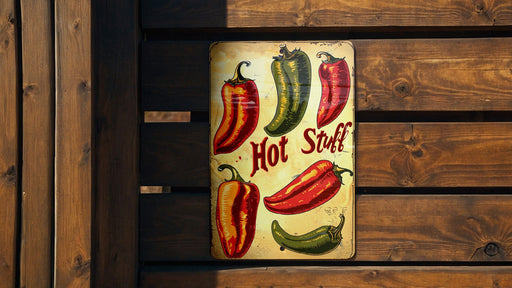 a sign that says hot stuff with peppers on it