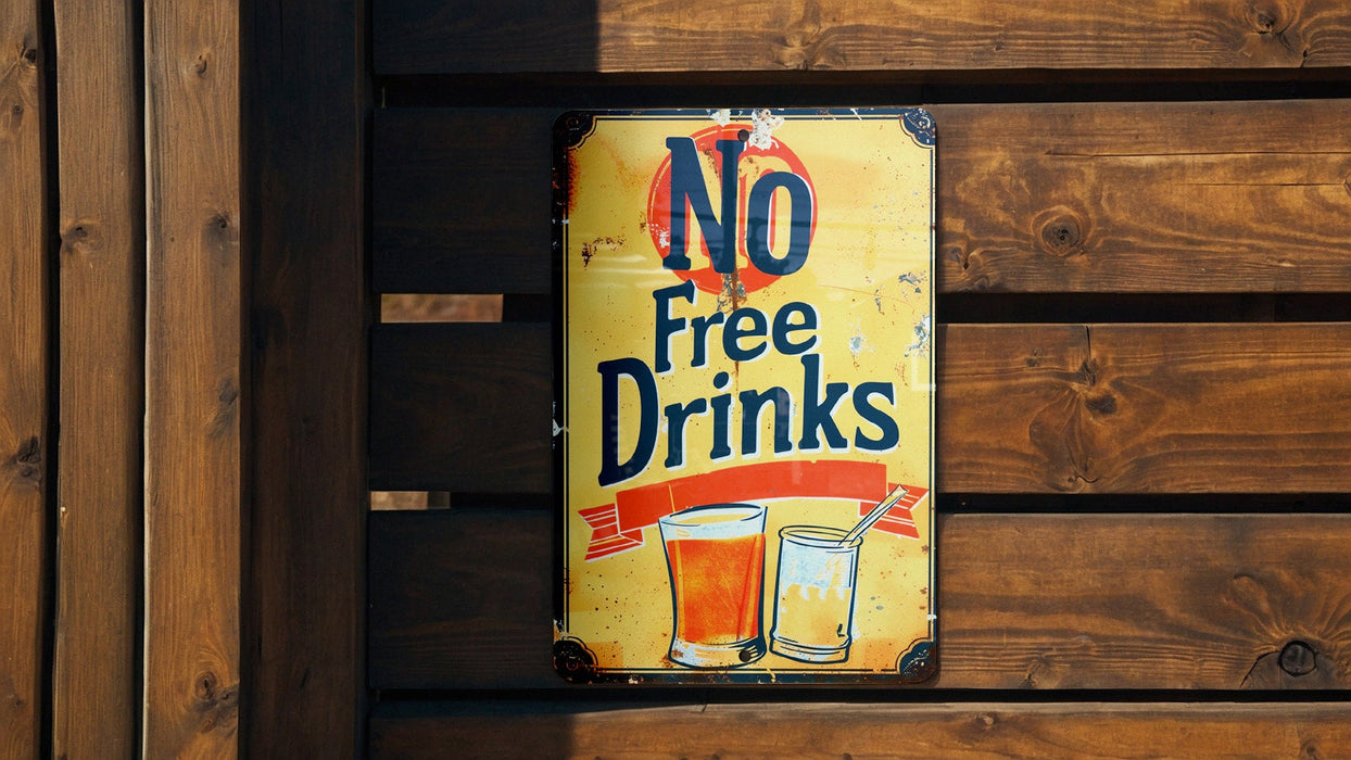 a no free drinks sign on a wooden wall