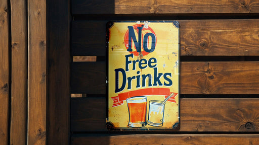 a no free drinks sign on a wooden wall