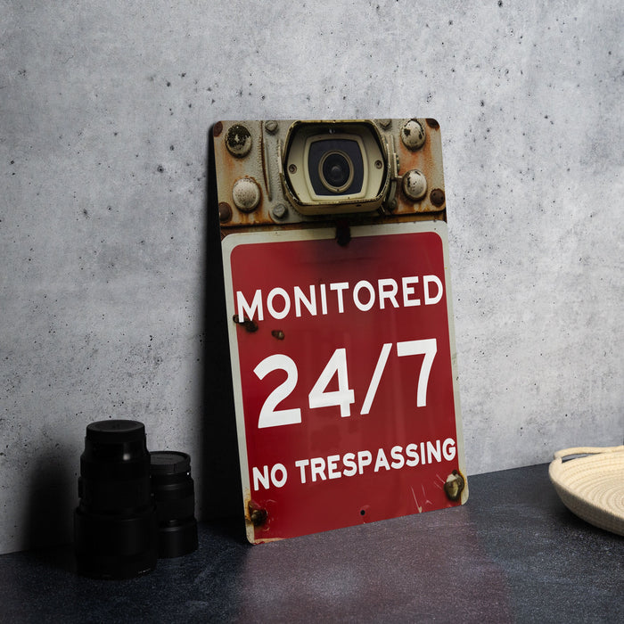 a red sign sitting on top of a table next to a camera
