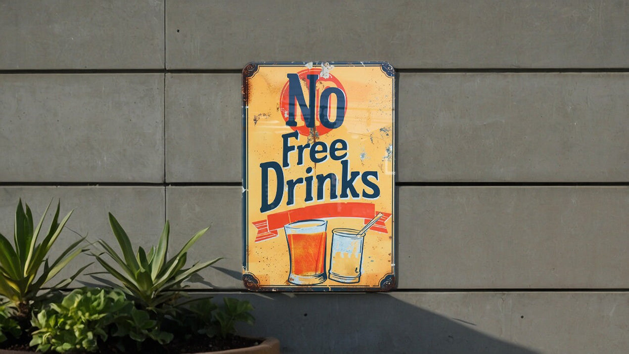 a no free drinks sign on the side of a building