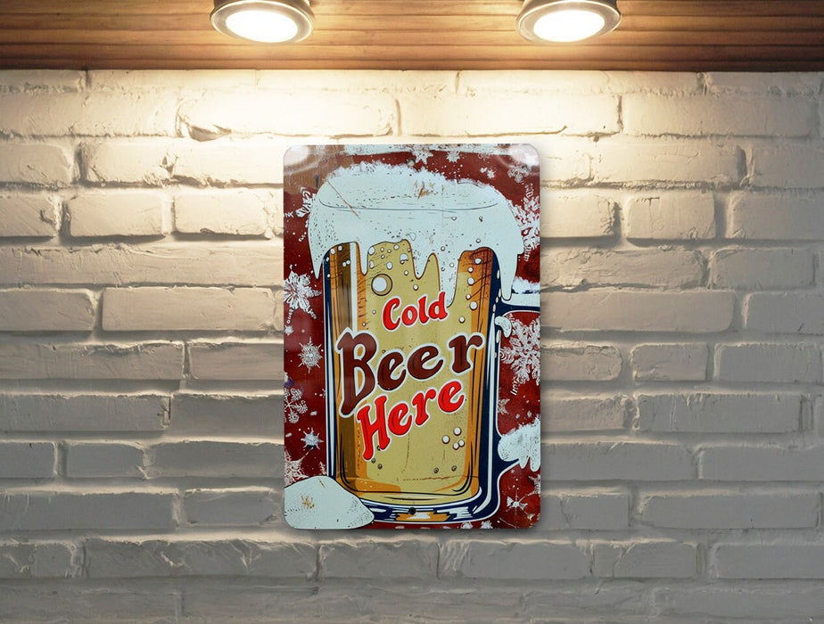 a beer sign on a brick wall in a restaurant