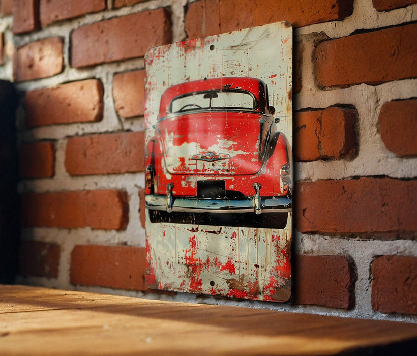 an old red car painted on a brick wall
