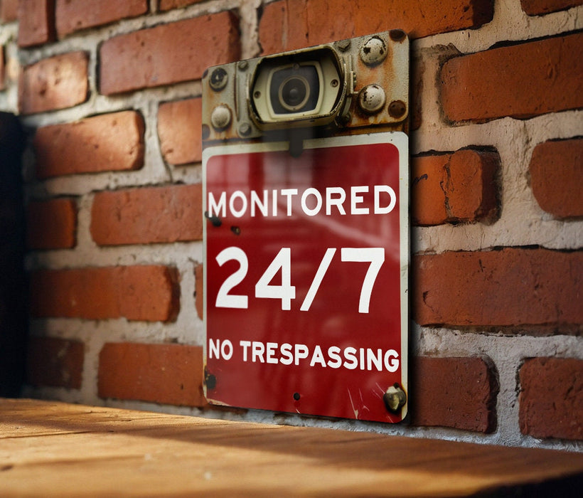 a red sign on a brick wall that says monitored 24 / 7 no trespass