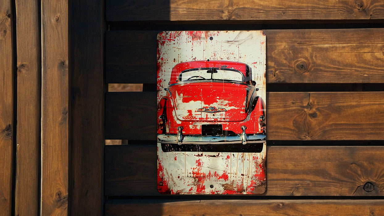 a red car painted on a wooden wall