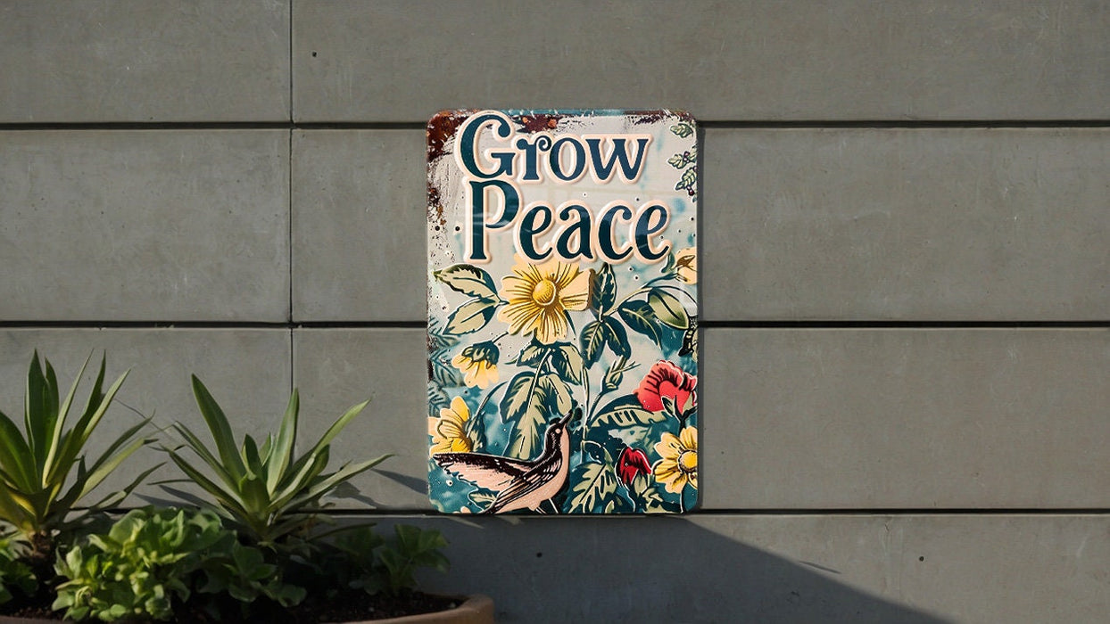 a sign on the side of a building that says grow peace