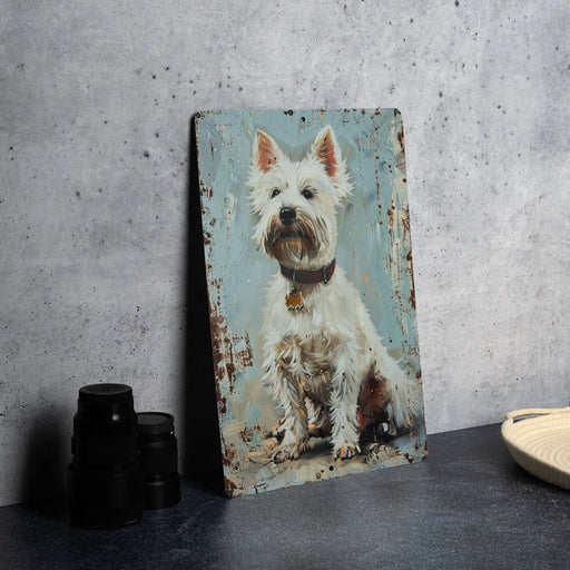 a painting of a white dog sitting on a table