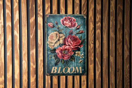 a wooden wall with a sign that says bloom on it