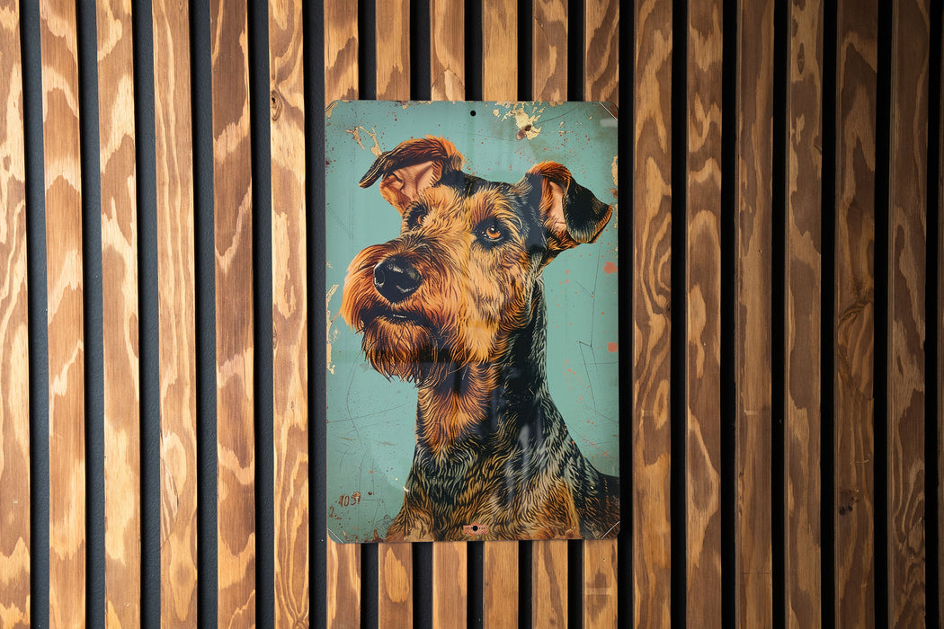 a picture of a dog on a wooden wall