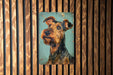 a picture of a dog on a wooden wall