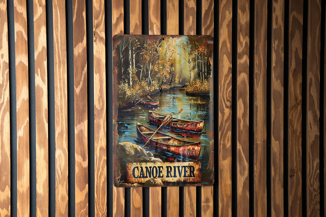 a painting of canoes on a wooden wall