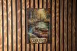 a painting of canoes on a wooden wall