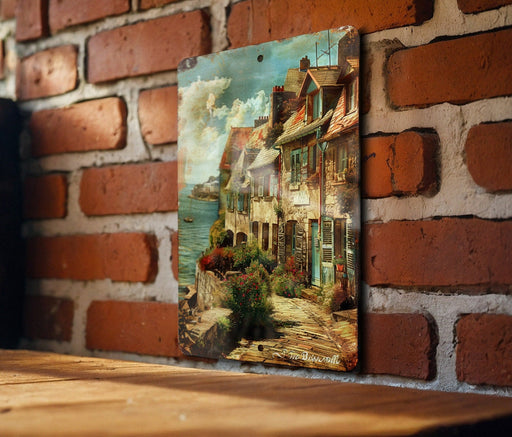 a brick wall with a painting on it