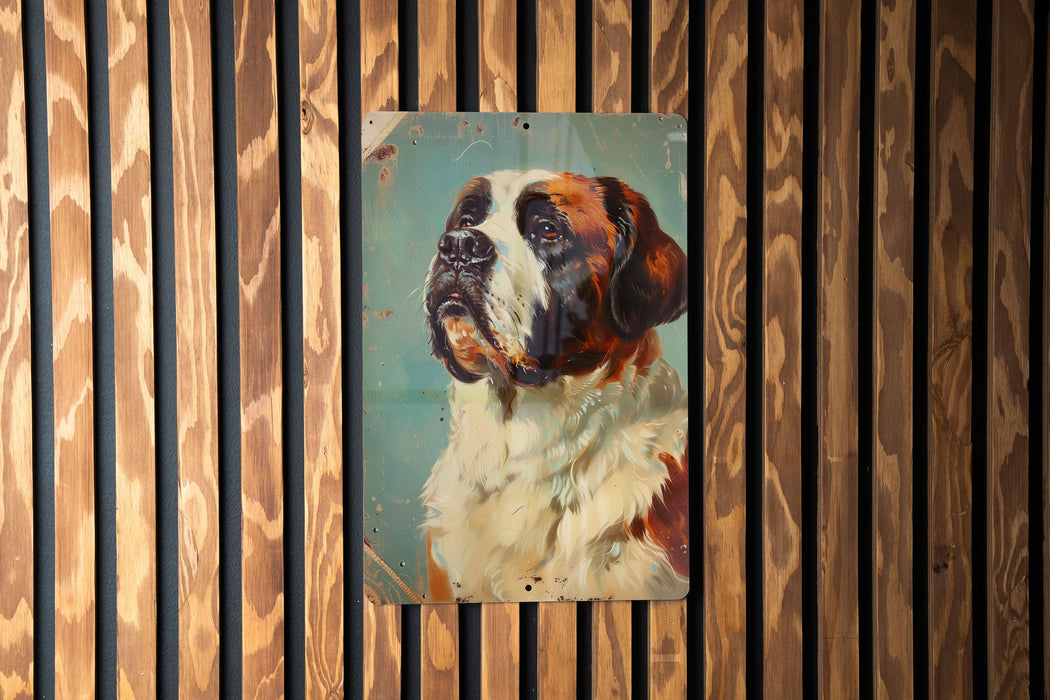 a painting of a dog on a wooden wall