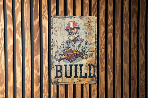 a sign on the side of a building that says build