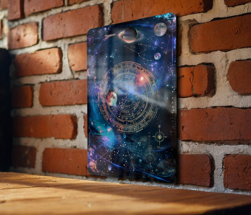 a wooden table with a picture on it next to a brick wall