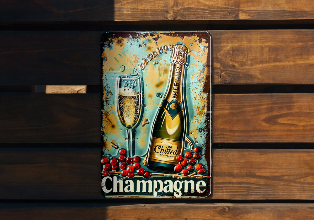 a picture of a champagne sign hanging on a wooden wall