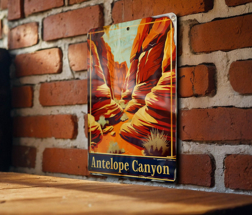 a picture of an antelope canyon hanging on a brick wall