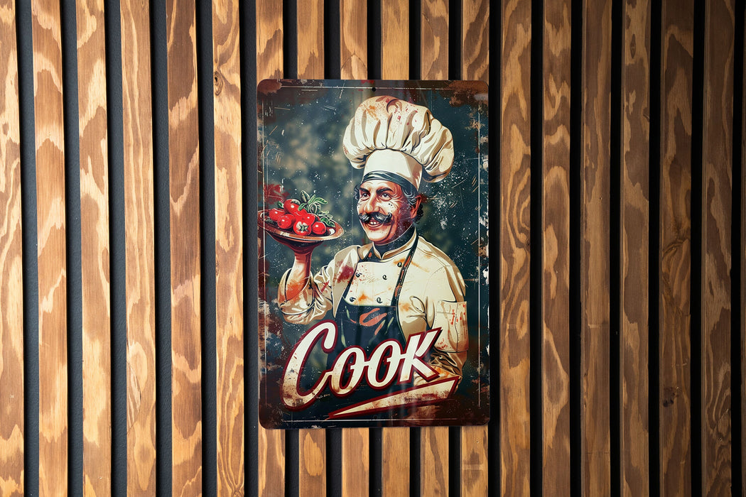 a sign on a wooden wall that says cook