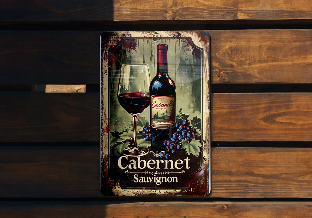 a bottle of cabernet sauvignon on a wooden bench